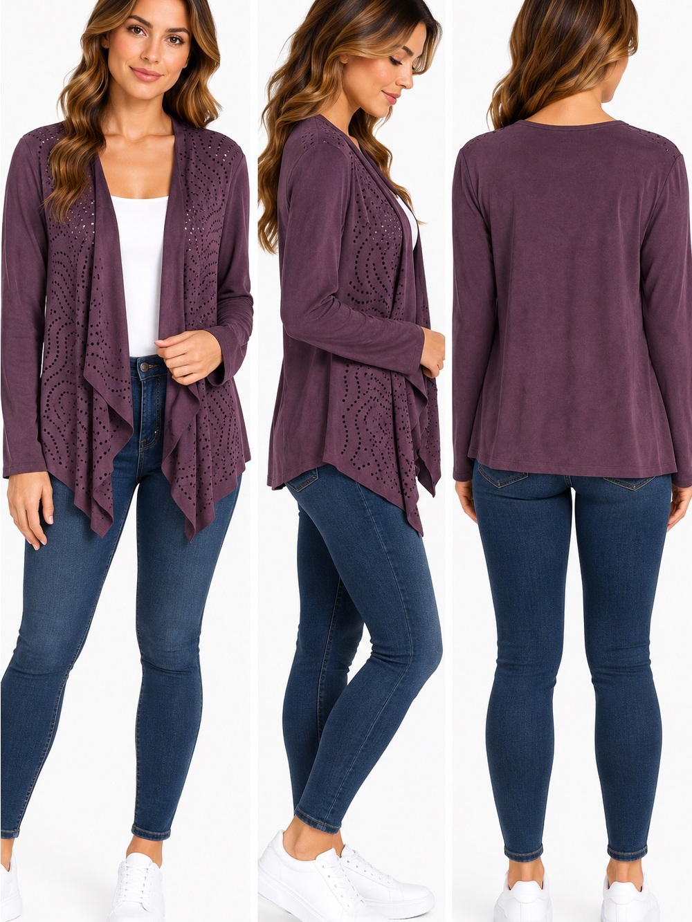 Chico’s Purple Faux Suede Laser Cut Open Front Cardigan Jacket Size 3
